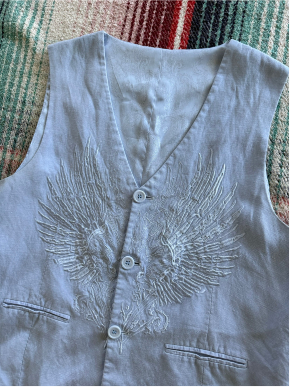 Vintage Light Blue Embroidered Wings Vest XL
